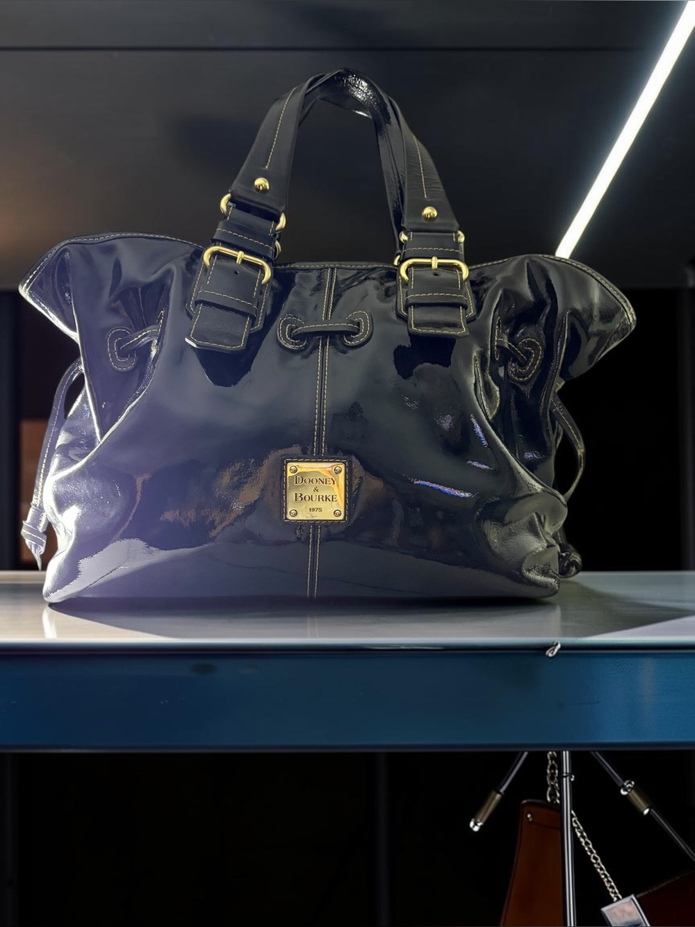 Dooney & Bourke Black Patent Leather Tote with Gold Hardware